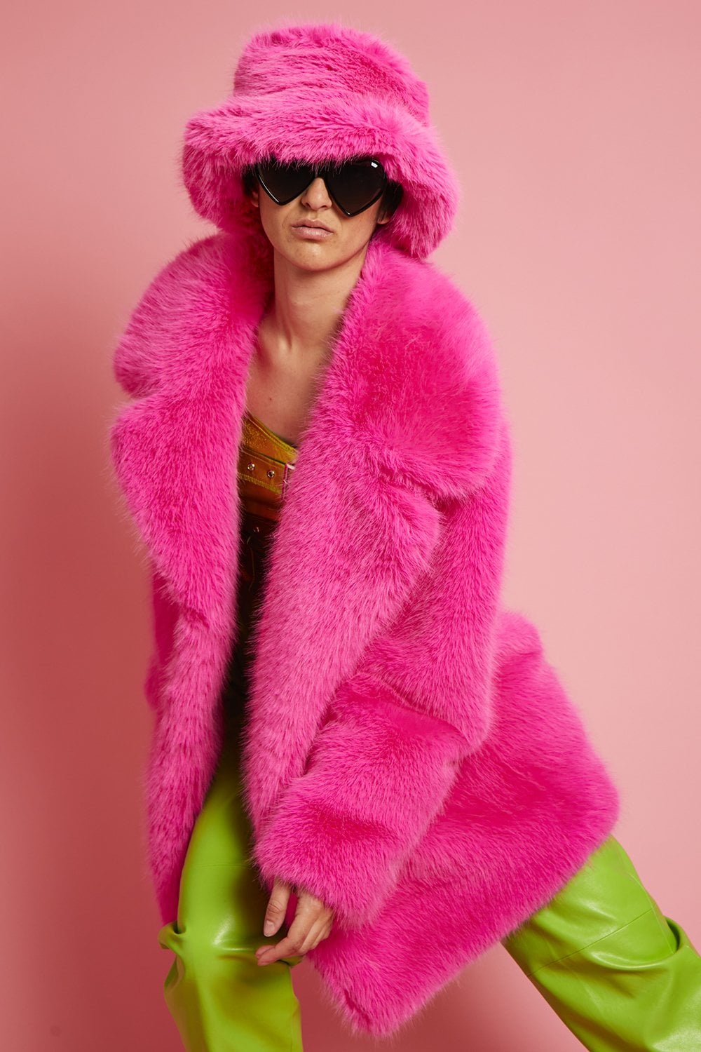 JAYLEY Faux Fur Fuchsia Pink Midi Coat