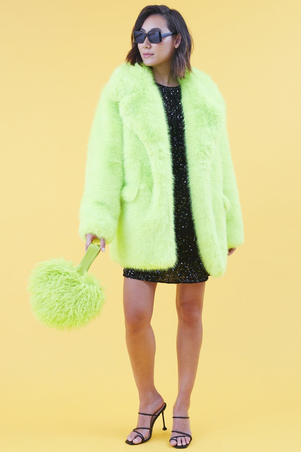 JAYLEY Faux Fur Lime Green Midi Coat