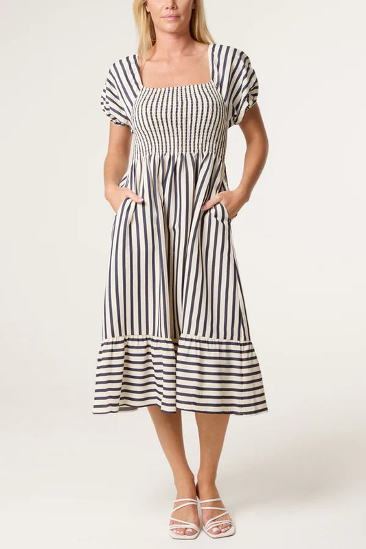 Nova London Pinstripe square neck puff dress