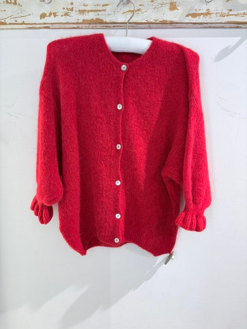 Marta Soft Knit Button Cardigan with Frill Cuffs Red