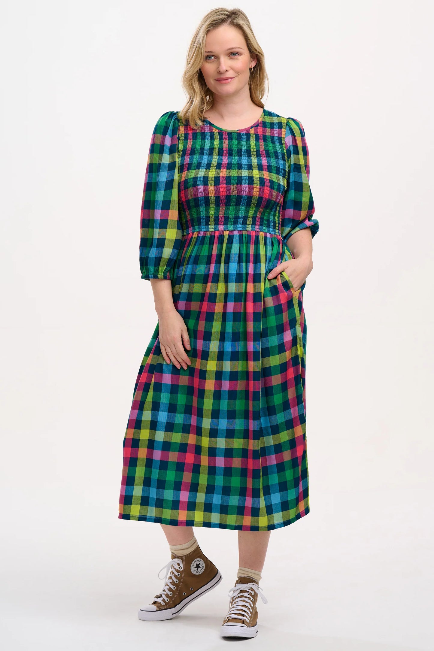 Sugarhill Ursula shirred midi dress - midnight gingham