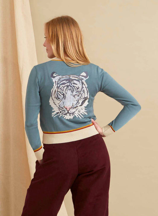 Palava Mineral blue cardigan with white tiger