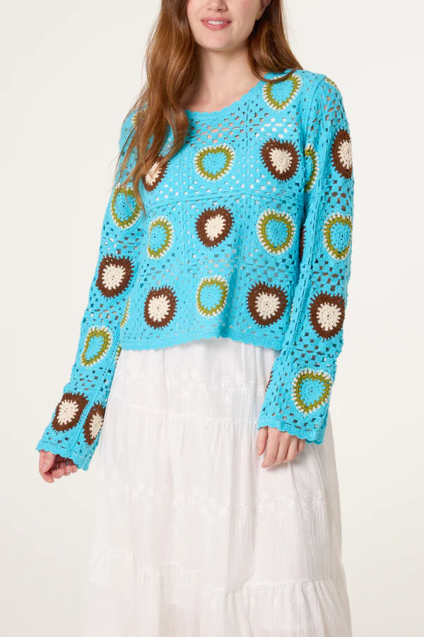 Nova London Patchwork heart crochet jumper Teal