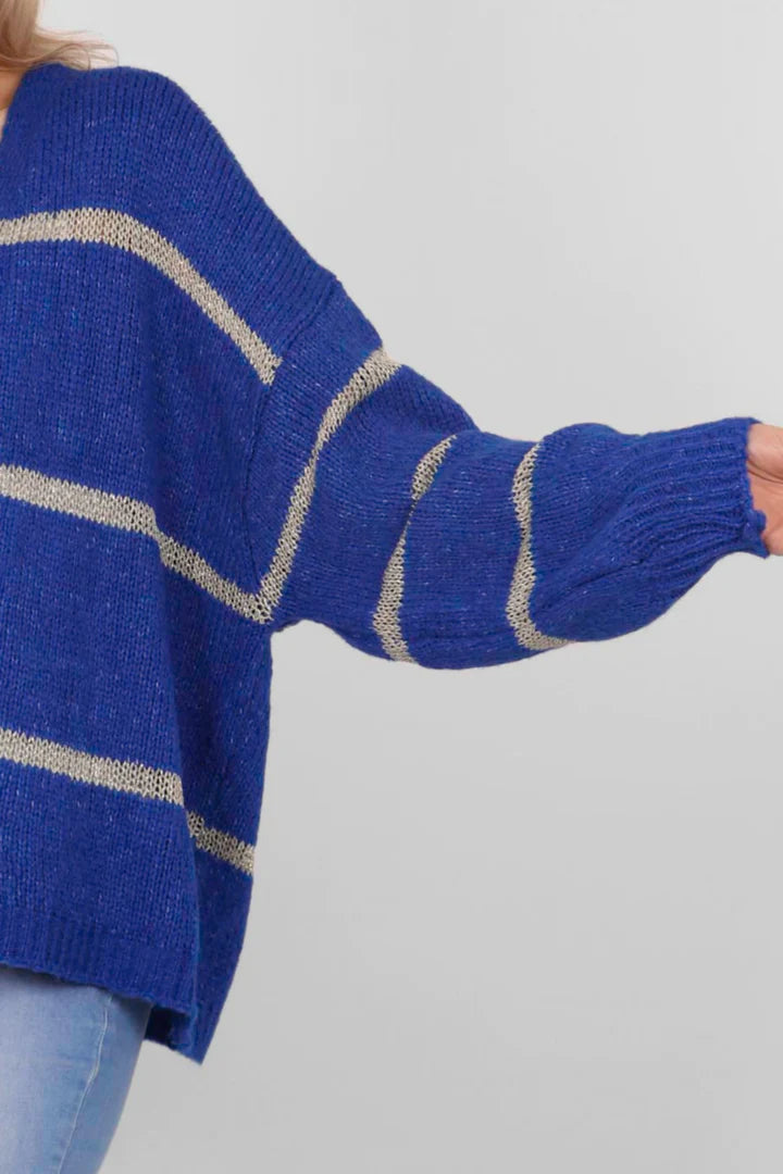 Royal blue cardigan with thin gold stripe