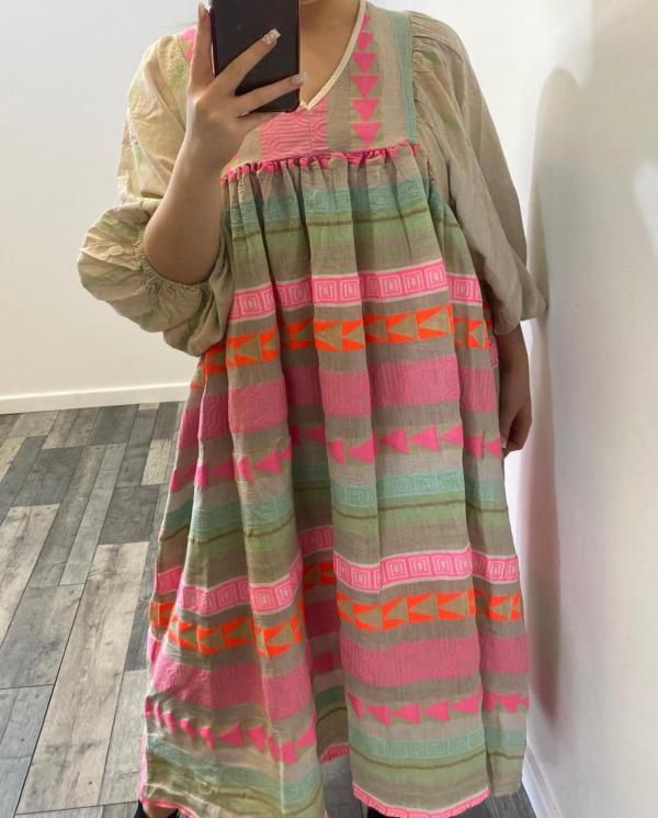 Neon Embroidered Aztec Dress with Balloon Sleeves
