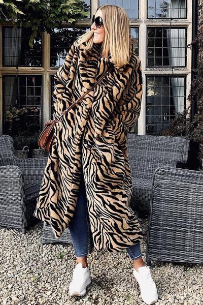 Luxury Faux Fur Maxi Coat - Mocha Stripes