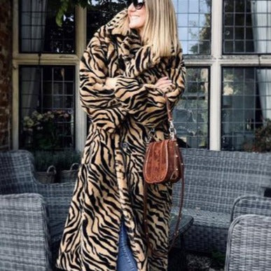 Luxury Faux Fur Maxi Coat - Mocha Stripes