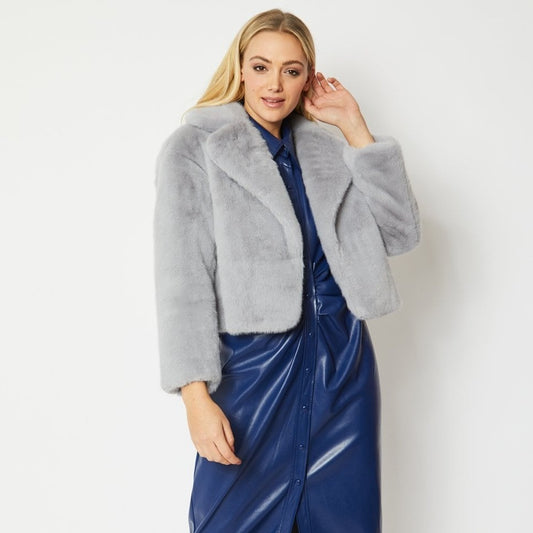JAYLEY Grey Faux Fur Cropped Coat