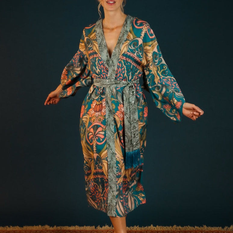 Powder Decorative Damask Kimono Gown