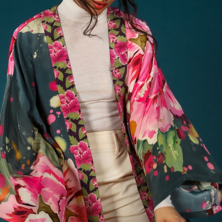 Powder Painted Peony kimono jacket short