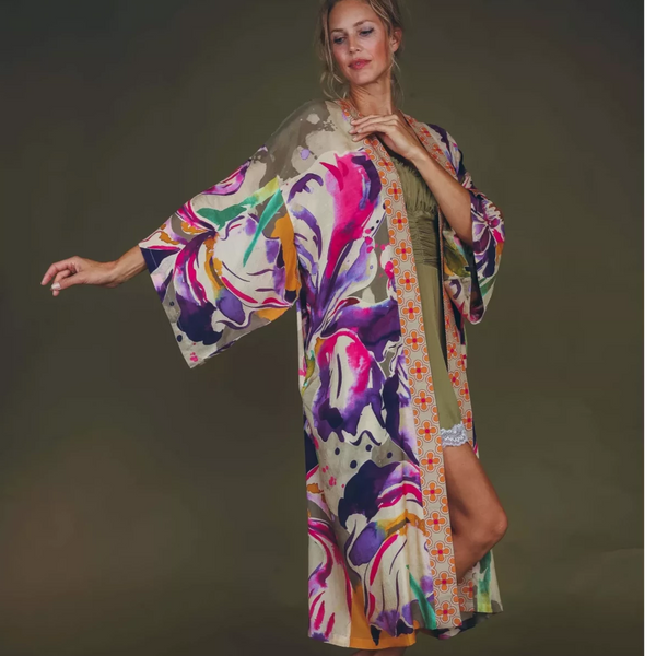 Powder Iris Sage Long Kimono Gown